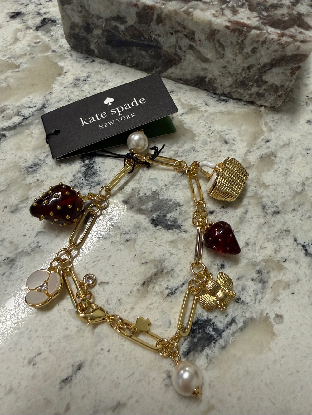 kate spade Gold-Tone Charm Bracelet with Red Strawberry & Pearl Accents